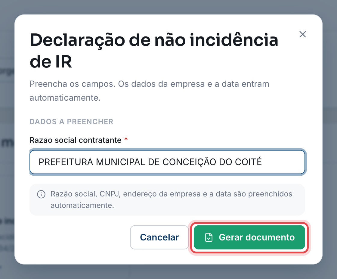 Janela do modelo com os campos de Dados a preencher preenchidos e o botão Gerar documento destacado