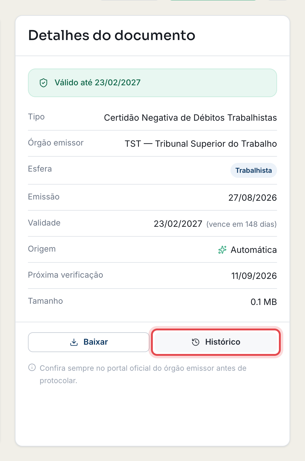 Página do documento com o quadro Detalhes do documento e o botão Histórico destacado