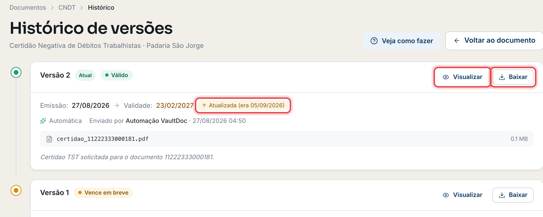 Tela Histórico de versões com os cartões das versões, as datas de emissão e validade, a indicação Atualizada com a validade anterior e os botões Visualizar e Baixar destacados