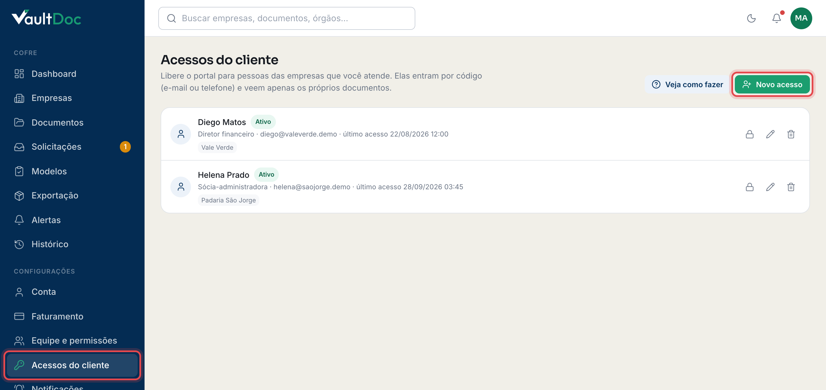 Tela Acessos do cliente com o botão Novo acesso destacado