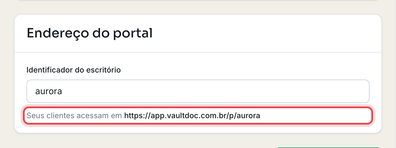 Página Marca do portal com o painel Endereço do portal e o endereço em Seus clientes acessam em destacado