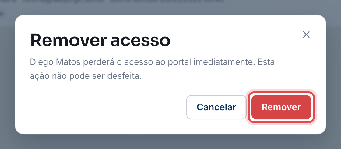 Janela Remover acesso com o aviso e o botão Remover destacado