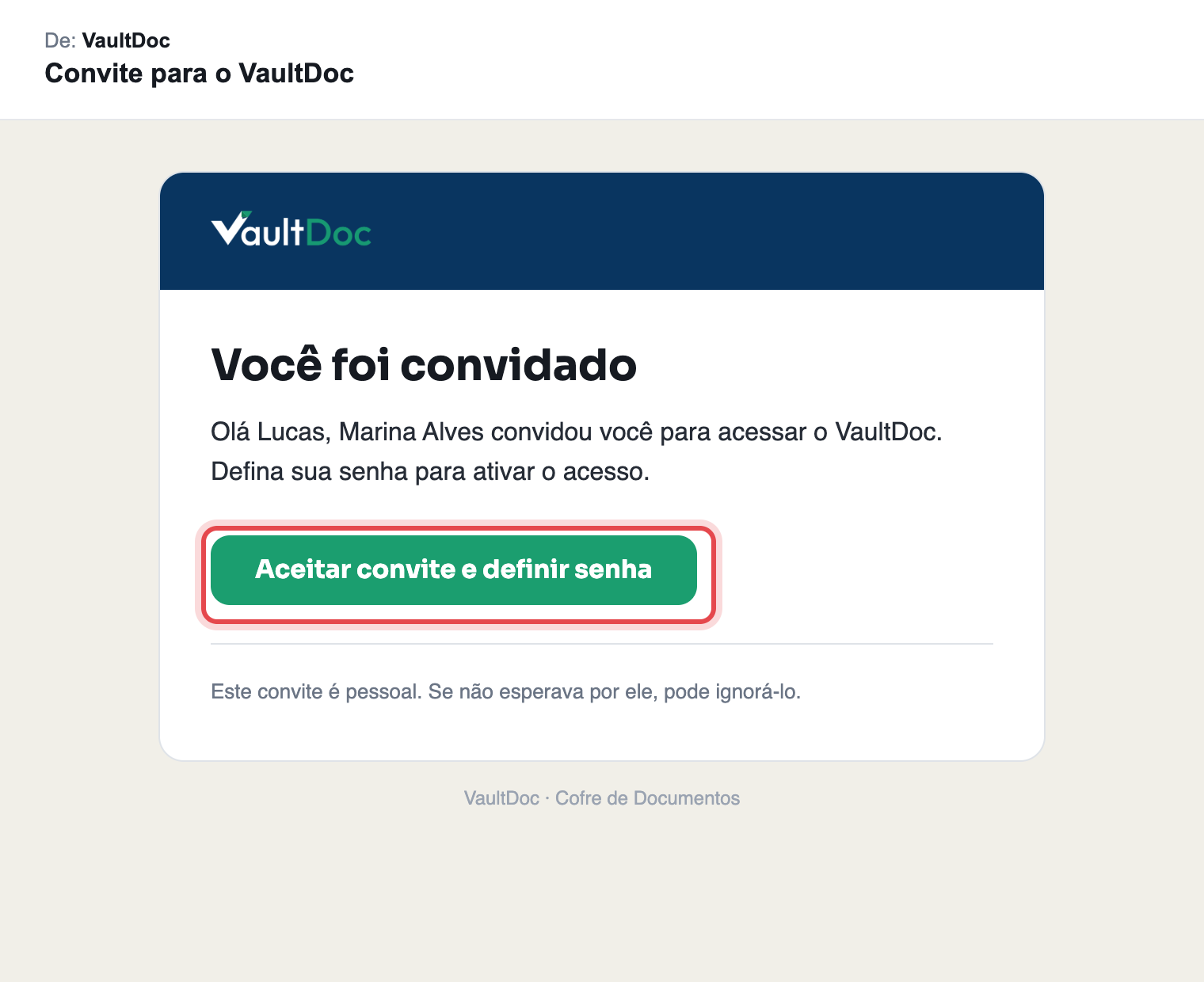 E-mail Convite para o VaultDoc com o botão Aceitar convite e definir senha destacado